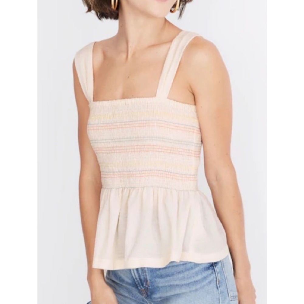 Madewell Texture & Thread Smocked Peplum Tank Top Cream Rainbow Stitch Medium